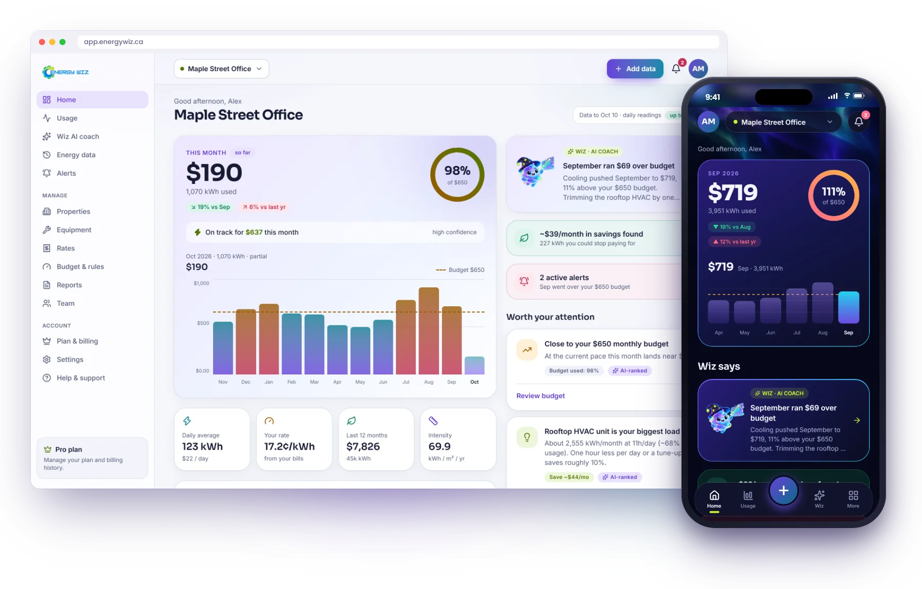 Energy Wiz on the web at app.energywiz.ca and on a phone, showing the same property